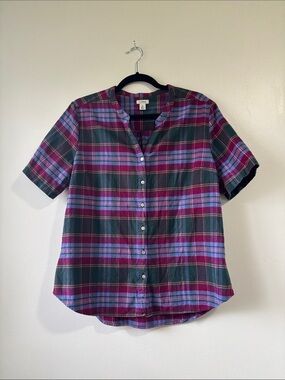 L.L. Bean Plaid Short Sleeve Split Neck Cotton Flannel Shirt